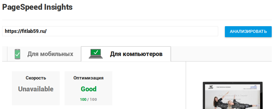 PageSpeed Insights для компьютеров