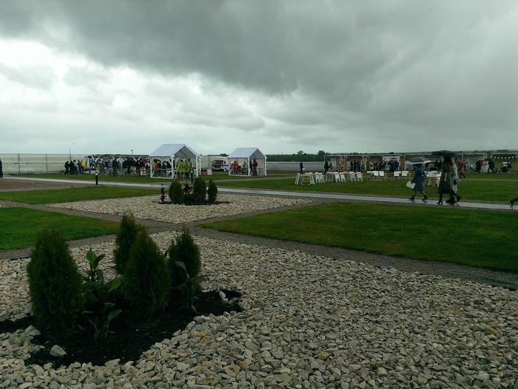 Площадка с аккуратным газоном. По траве можно было ходить, но большинство передвигались по дорожкам.